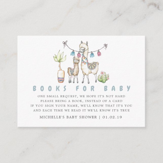Watercolor Llama themed Baby Shower Book Request Enclosure Card (Front)