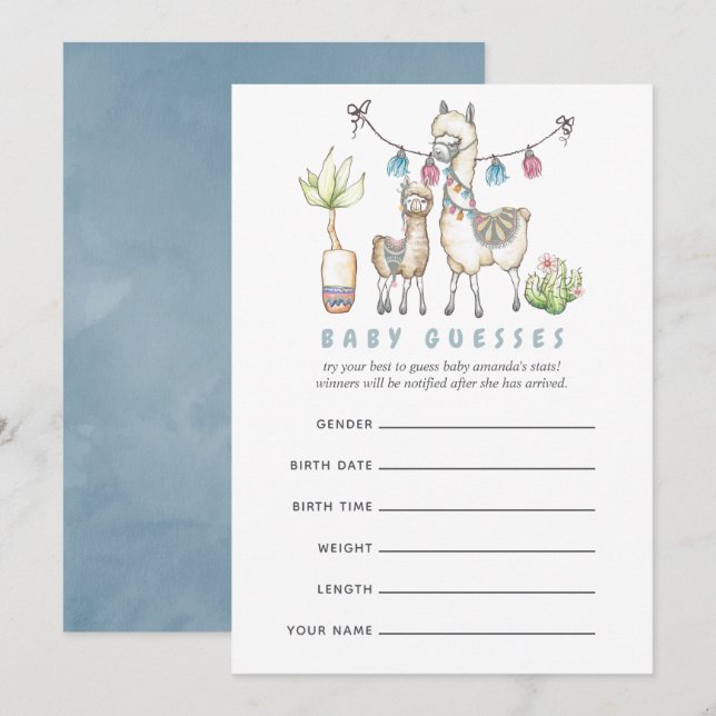Watercolor Llama themed Baby Shower Guessing Game Invitation (Front/Back)