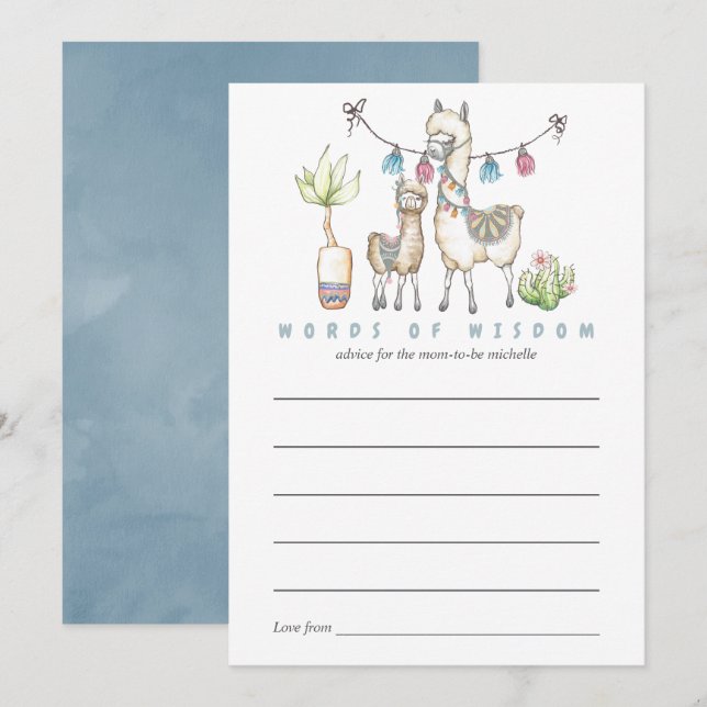 Watercolor Llama themed Baby Shower Mom Advice Invitation (Front/Back)