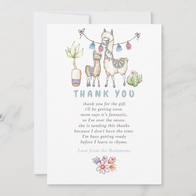 Watercolor Llama themed Baby Shower Thank You Card (Front)