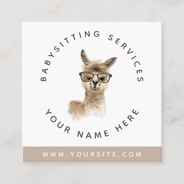 Watercolor Llama Wearing Glasses Babysitter Pastel Square Business Card (Front)