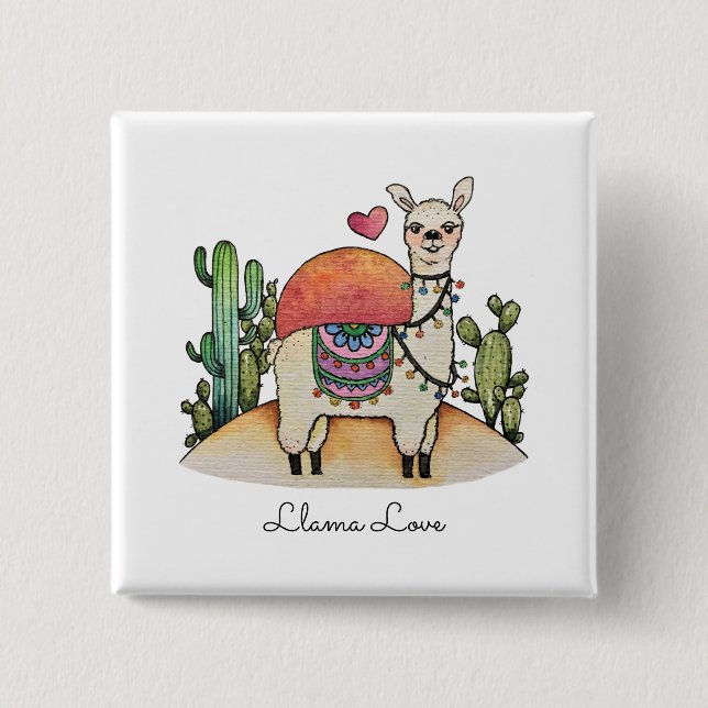 Watercolor Llama With Cactus 2 Inch Square Button (Front)