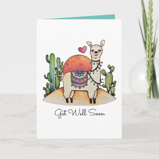 Watercolor Llama With Cactus Card (Front)