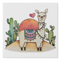 Watercolor Llama With Cactus