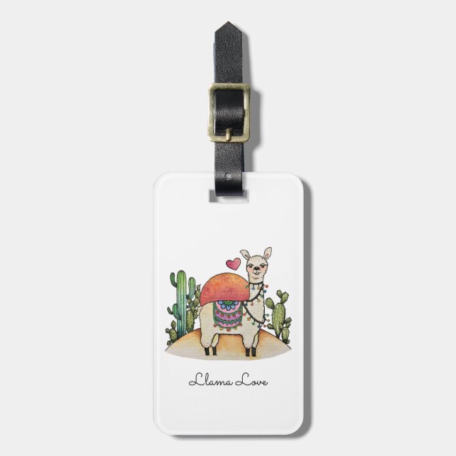 Watercolor Llama With Cactus Luggage Tag (Front Vertical)