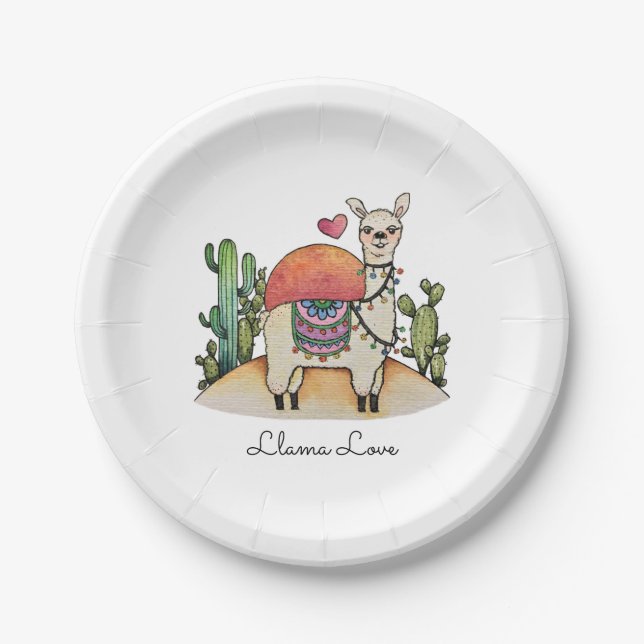 Watercolor Llama With Cactus Paper Plate (Front)