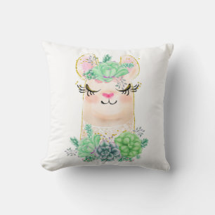 Watercolor Llama with Succulents Throw Pillow