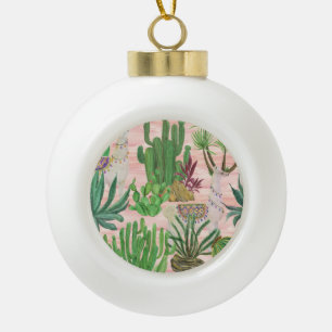 Watercolor llamas and cacti pattern. ceramic ball christmas ornament