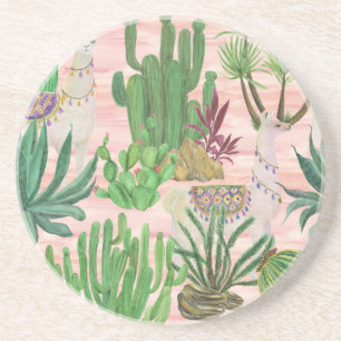 Watercolor llamas and cacti pattern. coaster