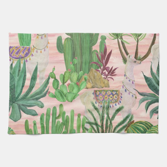 Watercolor llamas and cacti pattern. kitchen towel (Horizontal)