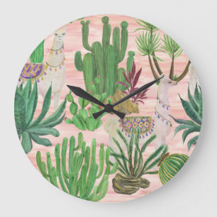 Watercolor llamas and cacti pattern. large clock