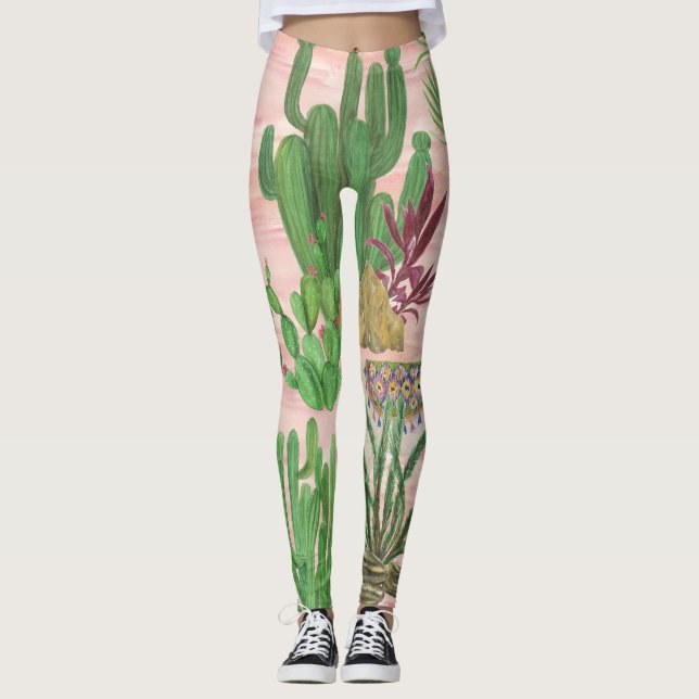 Watercolor llamas and cacti pattern. leggings (Front)