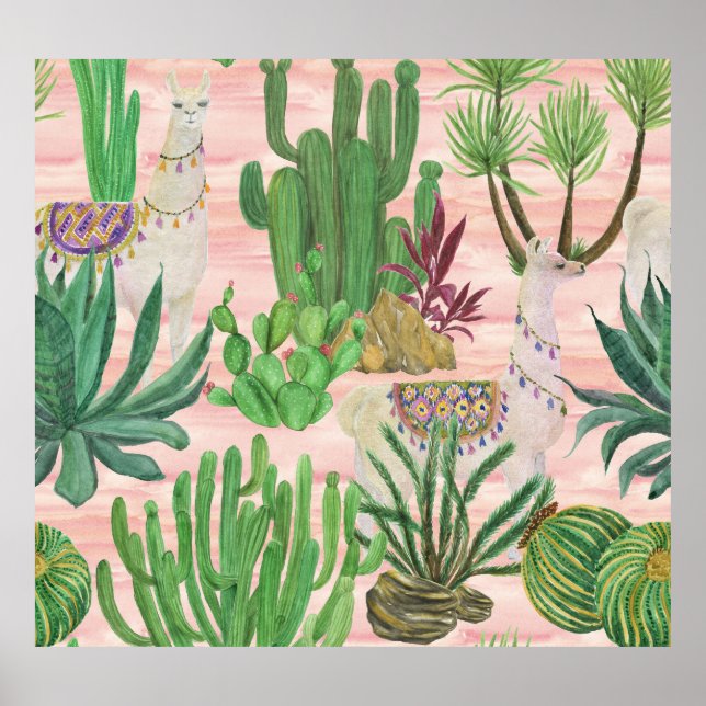 Watercolor llamas and cacti pattern. poster (Front)