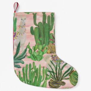 Watercolor llamas and cacti pattern. small christmas stocking