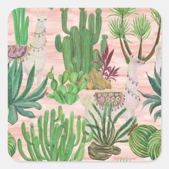 Watercolor llamas and cacti pattern. square sticker (Front)