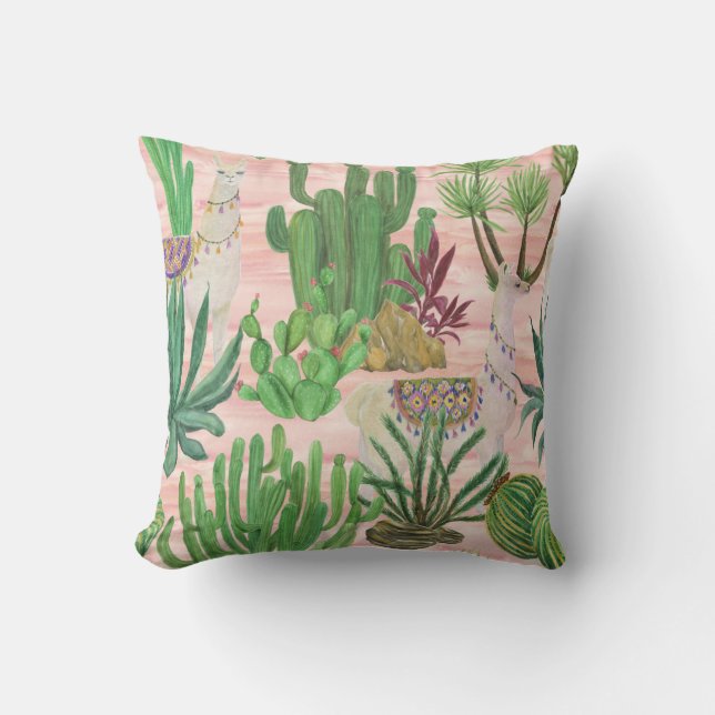 Watercolor llamas and cacti pattern. throw pillow (Front)
