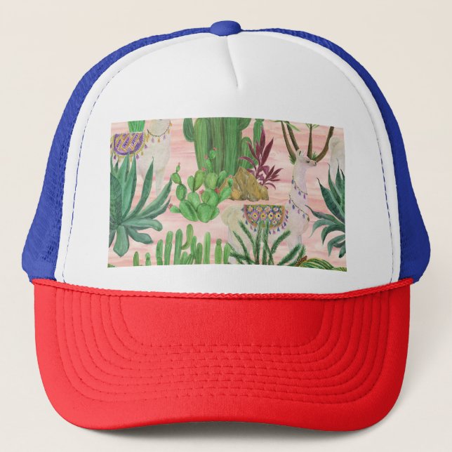 Watercolor llamas and cacti pattern. trucker hat (Front)