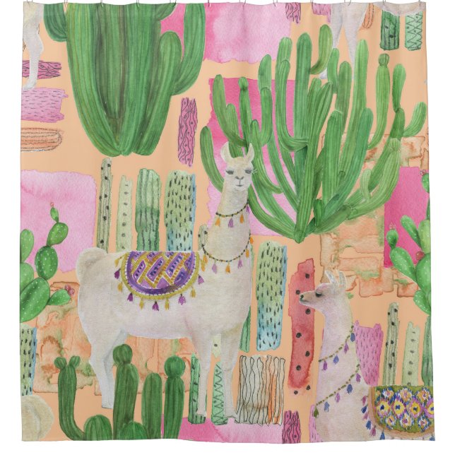 Watercolor llamas, cacti: seamless pattern. (Front)