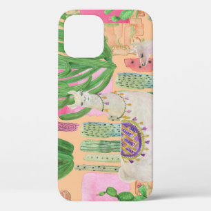 Watercolor llamas, cacti: seamless pattern. iPhone 12 case