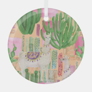Watercolor llamas, cacti: seamless pattern. glass ornament