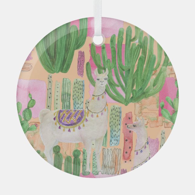 Watercolor llamas, cacti: seamless pattern. glass ornament (Front)