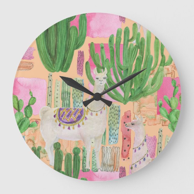 Watercolor llamas, cacti: seamless pattern. large clock (Front)