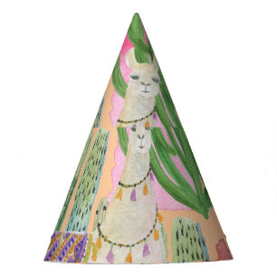 Watercolor llamas, cacti: seamless pattern. party hat