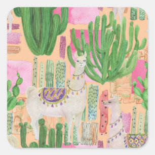 Watercolor llamas, cacti: seamless pattern. square sticker