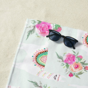 Watercolor Llama's on mint Beach Towel