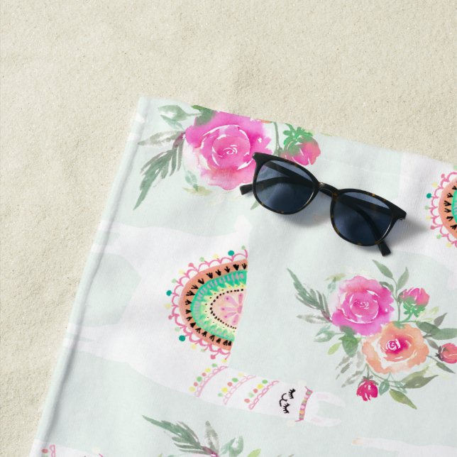 Watercolor Llama's on mint Beach Towel (In Situ)