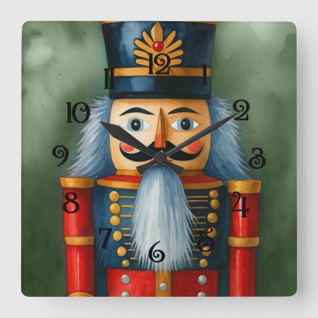 Watercolor llustrated Christmas Nutcracker Square Wall Clock (Front)