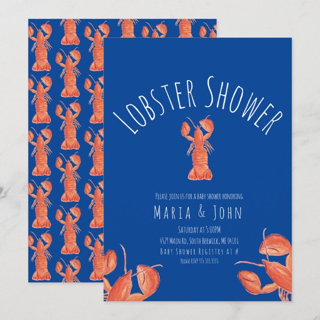 Watercolor Lobster Party  Baby Shower Crab  Blue Invitation (Front/Back)