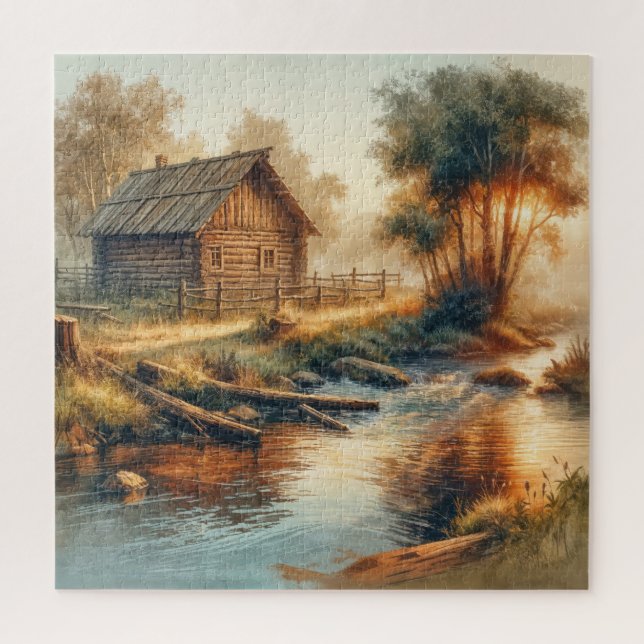 Watercolor Log Cabin In Morning Mist Jigsaw Puzzle (Vertical)