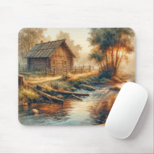 Watercolor Log Cabin In Morning Mist Mouse Pad