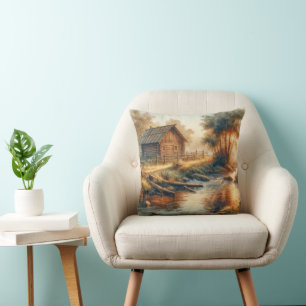 Watercolor Log Cabin In Morning Mist Throw Pillow