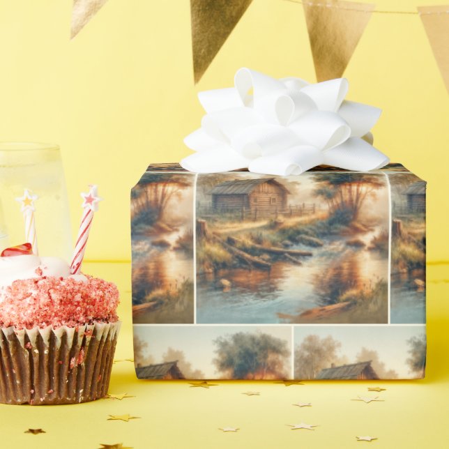 Watercolor Log Cabin In Morning Mist Wrapping Paper (Birthday Party)