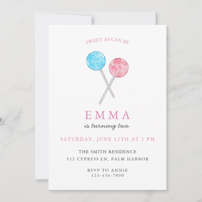 Watercolor Lollipop Birthday Party Invitation (Front)