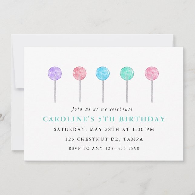 Watercolor Lollipop Invitation de fête d'anniversa (Devant)
