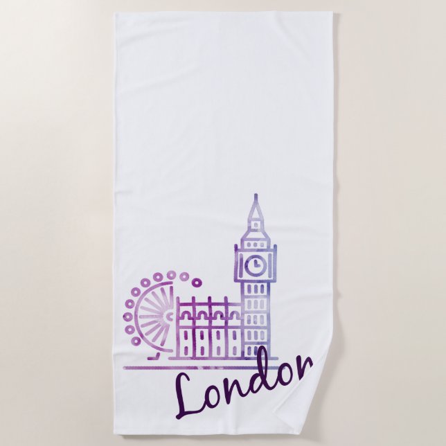 Watercolor London Big Ben Beach Towel | London Sky (Front)