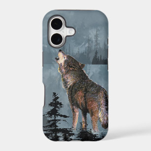 Watercolor Lonely Wolf Howling across Lake