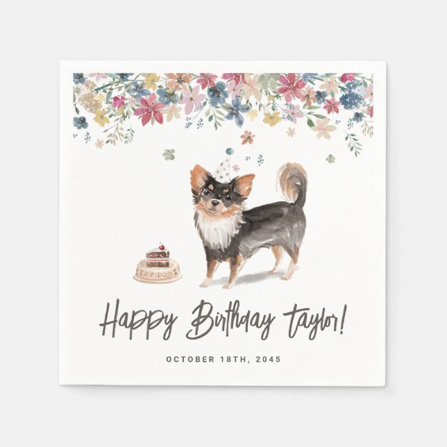 Watercolor Long Haired Chihuahua Dog Birthday Napkin (Front)