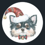Watercolor Long Haired Chihuahua Santa Christmas Classic Round Sticker<br><div class="desc">Happy Howlidays! Add a festive accent to your cards,  invitations and envelopes with this customizable holiday sticker. It features a watercolor long-haired chihuahua wearing a Santa hat. Personalize this chihuahua holiday sticker by adding your details. This dog Christmas sticker is available on other cardstock.</div>