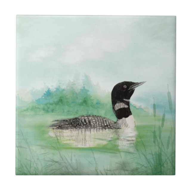 Watercolor Loon Wildlife Nature Bird art Tile (Front)
