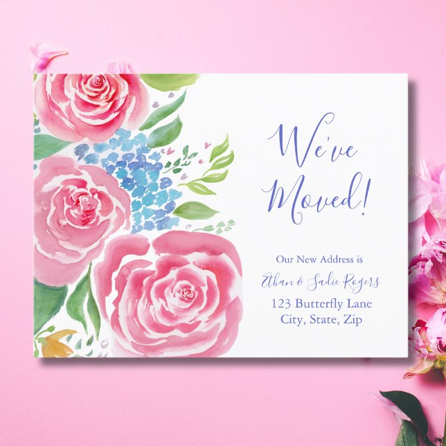 Watercolor Loose Roses  & Hydrangea Moving Address Announcement Postcard (Creator Uploaded)