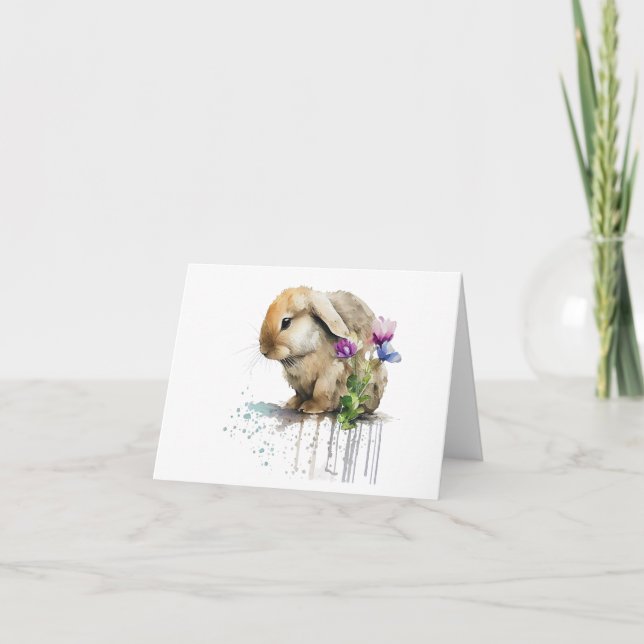 Watercolor Lop Bunny Rabbit with Flowers BLANK  Card (Front)