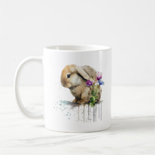 Watercolor Lop Bunny Rabbit with Flowers Coffee Mug