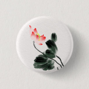 Watercolor Lotus Floral Chinoiserie Ink Wash Art 1 Inch Round Button