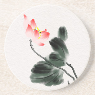 Watercolor Lotus Floral Chinoiserie Ink Wash Art Coaster