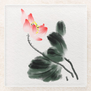 Watercolor Lotus Floral Chinoiserie Ink Wash Art Glass Coaster