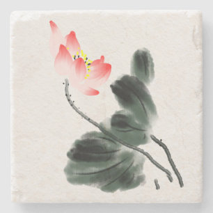 Watercolor Lotus Floral Chinoiserie Ink Wash Art Stone Coaster